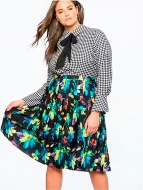 New Eloquii Retro Houndstooth Floral Pleat Midi Dress Size 16 Pockets